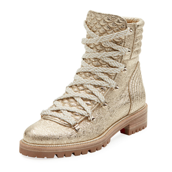 Christian Louboutin Mad Boot Platine Gold Flat Combat Lace Ankle Bootie 35.5 - Picture 1 of 12